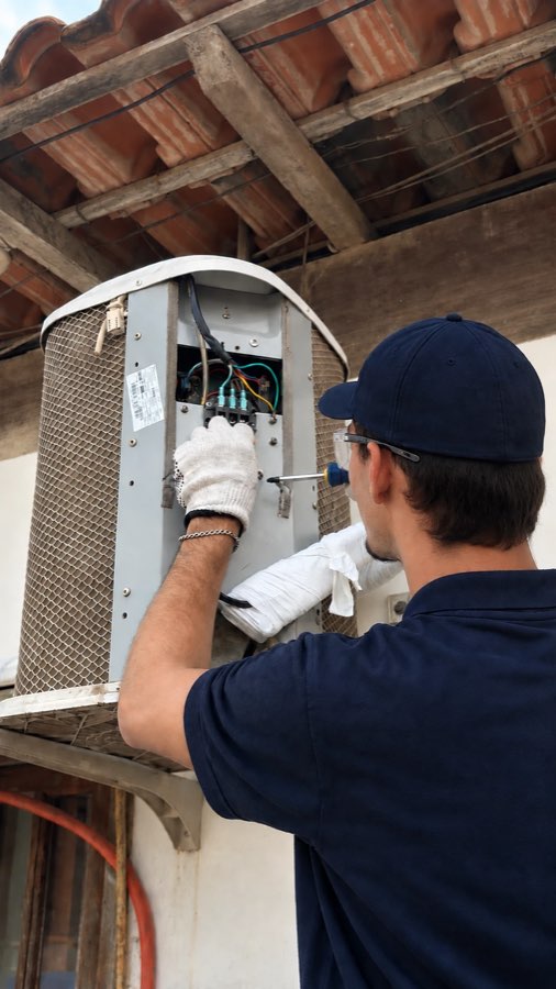 Técnico da TWJ fazendo reparo elétrico na unidade externa de um ar condicionado